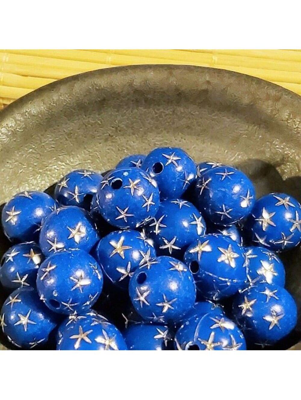 10 Vintage Retro Cobalt Blue Silver Stars 12mm Round Acrylic Shabby Beads
